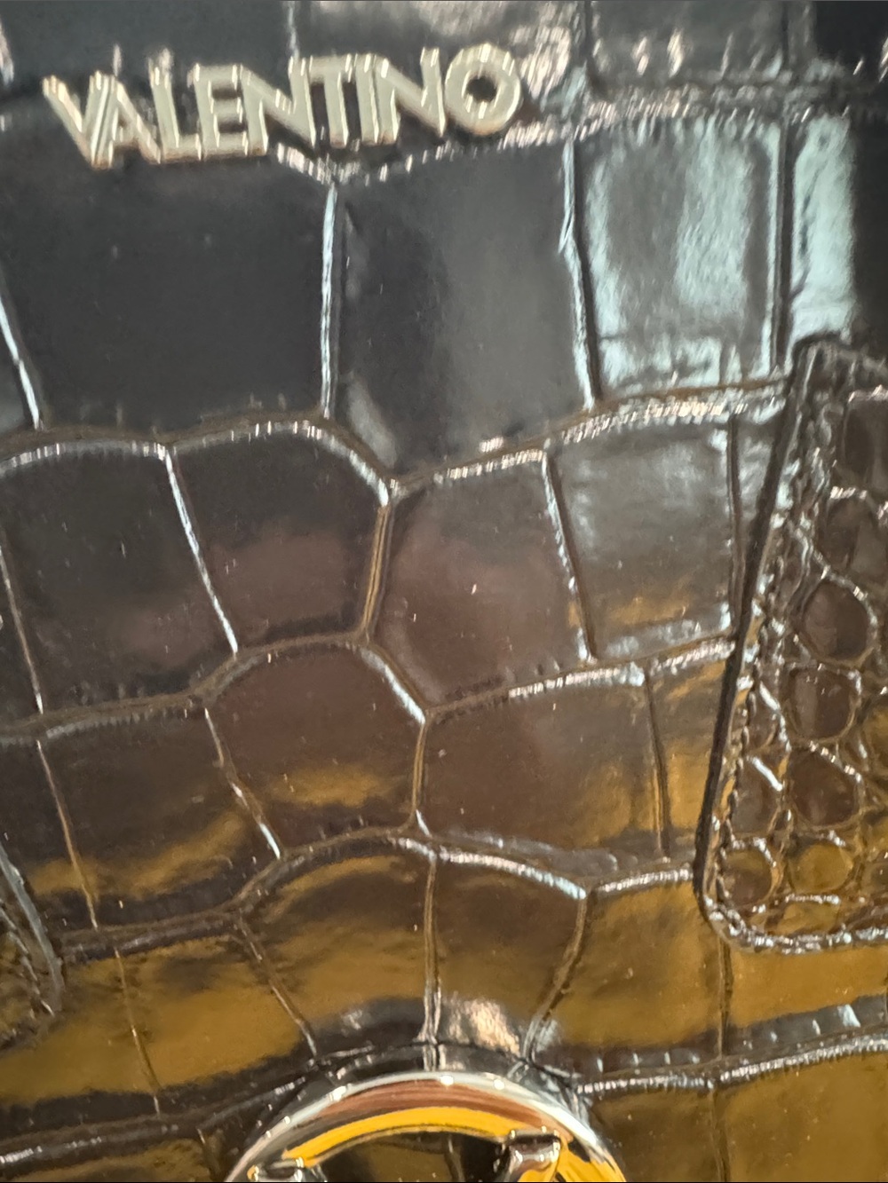 Valentino Black Croc-Embossed Top-Handle Satchel with V Logo - Picture 4 of 6